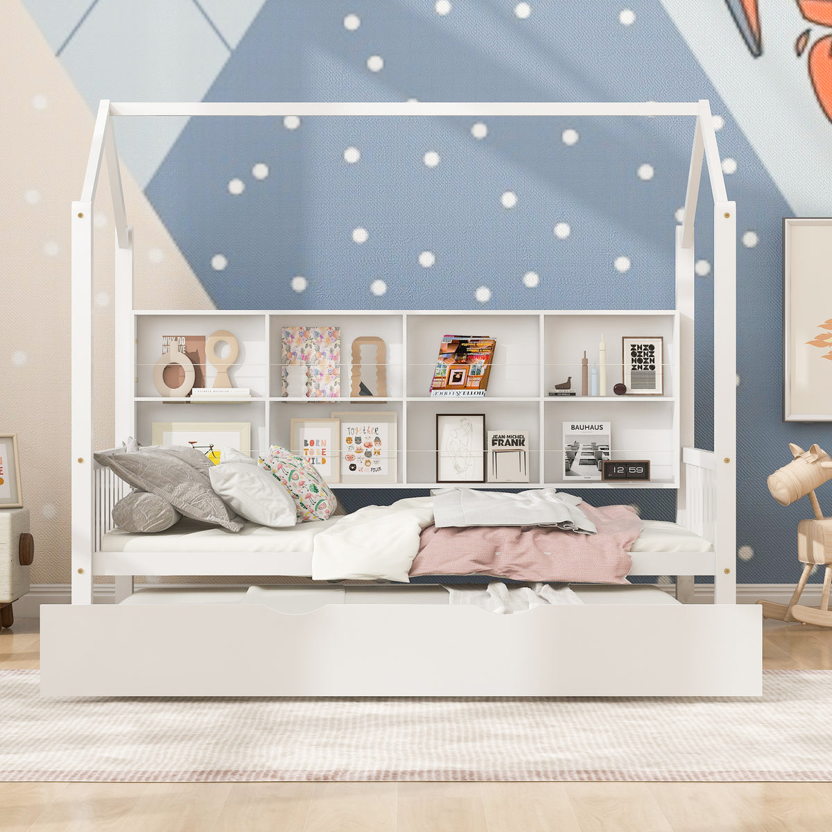 variant-group:rf-n733p326485k|Roomfitters Wooden Twin Size House Bed with Trundle and Storage Shelf, White