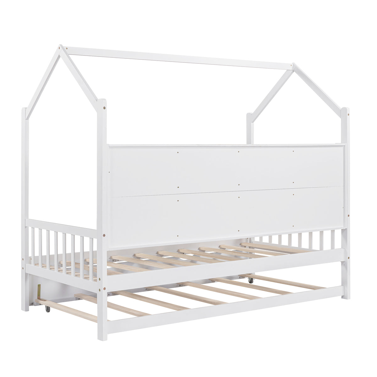 variant-group:rf-n733p326485k|Roomfitters Wooden Twin Size House Bed with Trundle and Storage Shelf, White
