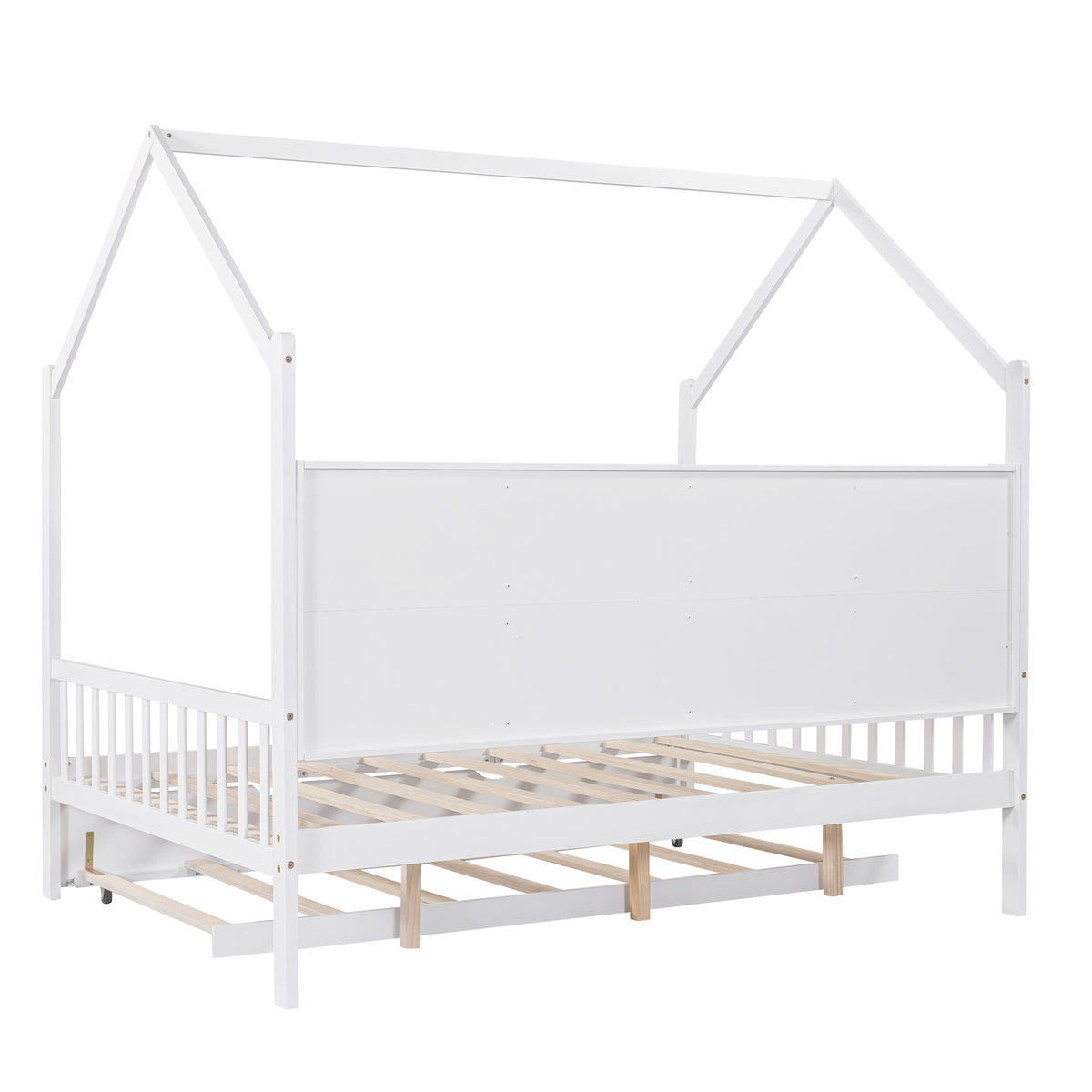 variant-group:rf-n733p326490k|Roomfitters Wooden Full Size House Bed with Trundle and Storage Shelf, White