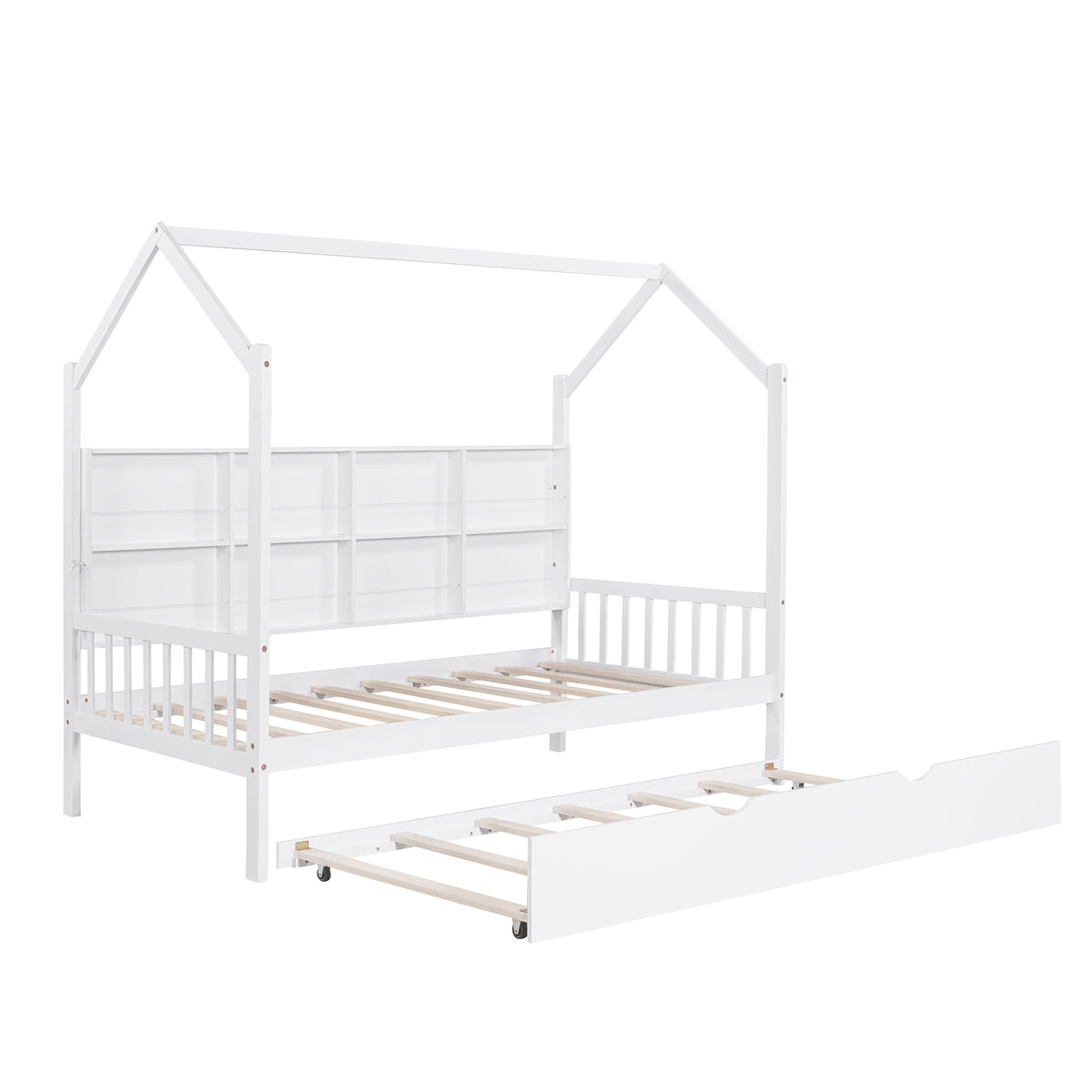 variant-group:rf-n733p326485k|Roomfitters Wooden Twin Size House Bed with Trundle and Storage Shelf, White