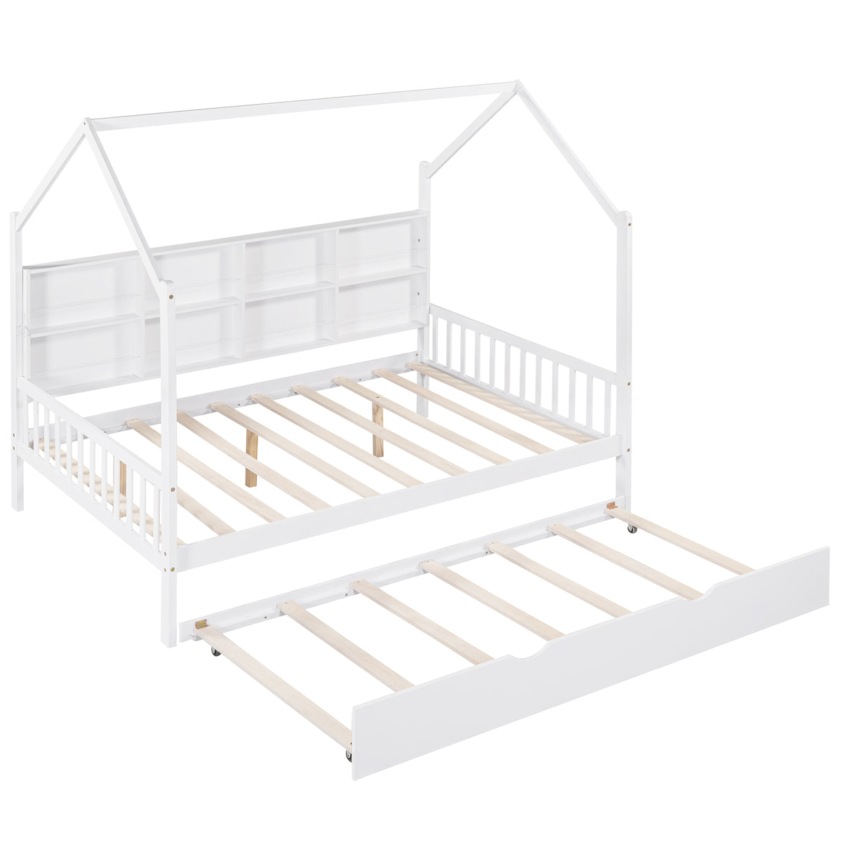 variant-group:rf-n733p326490k|Roomfitters Wooden Full Size House Bed with Trundle and Storage Shelf, White
