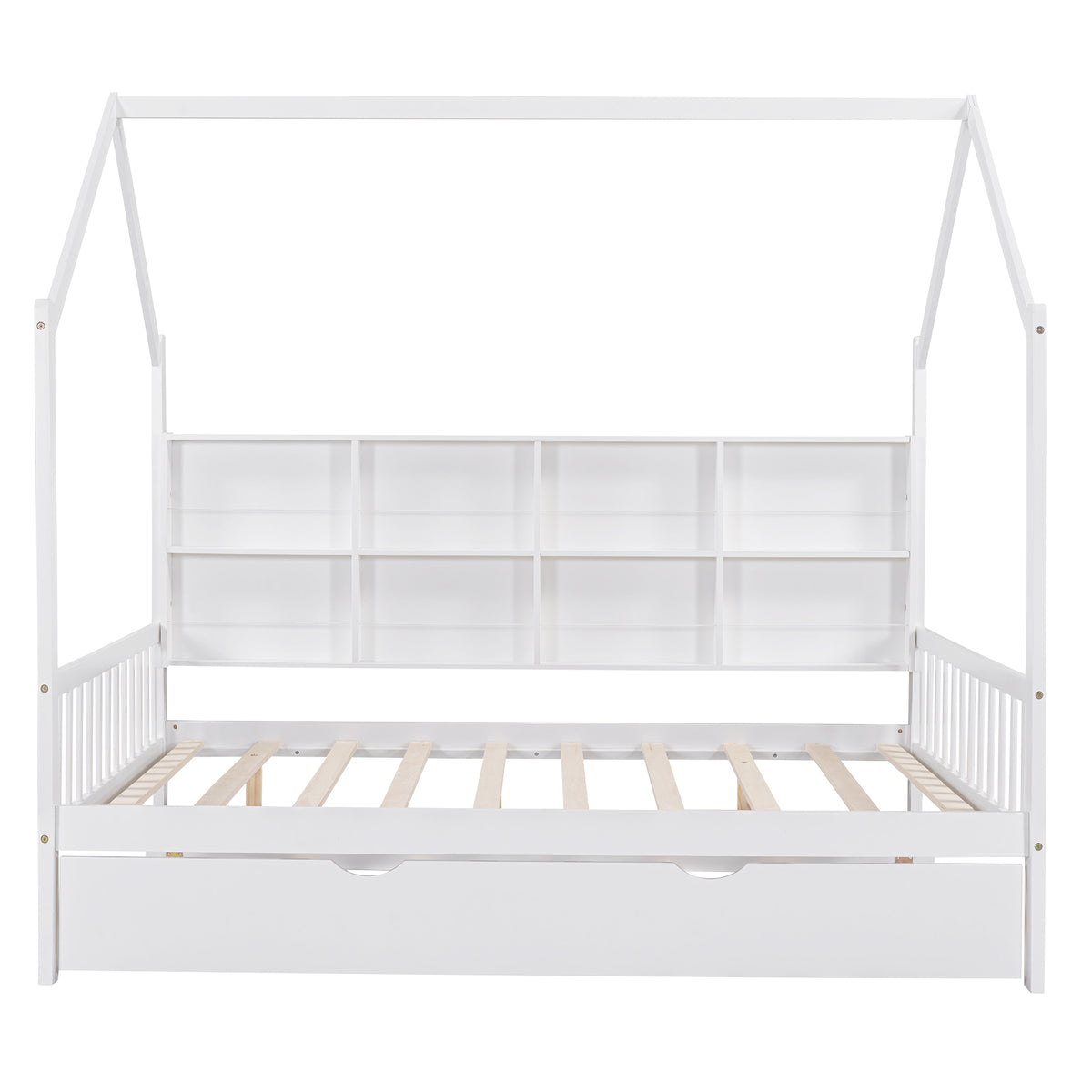 variant-group:rf-n733p326490k|Roomfitters Wooden Full Size House Bed with Trundle and Storage Shelf, White