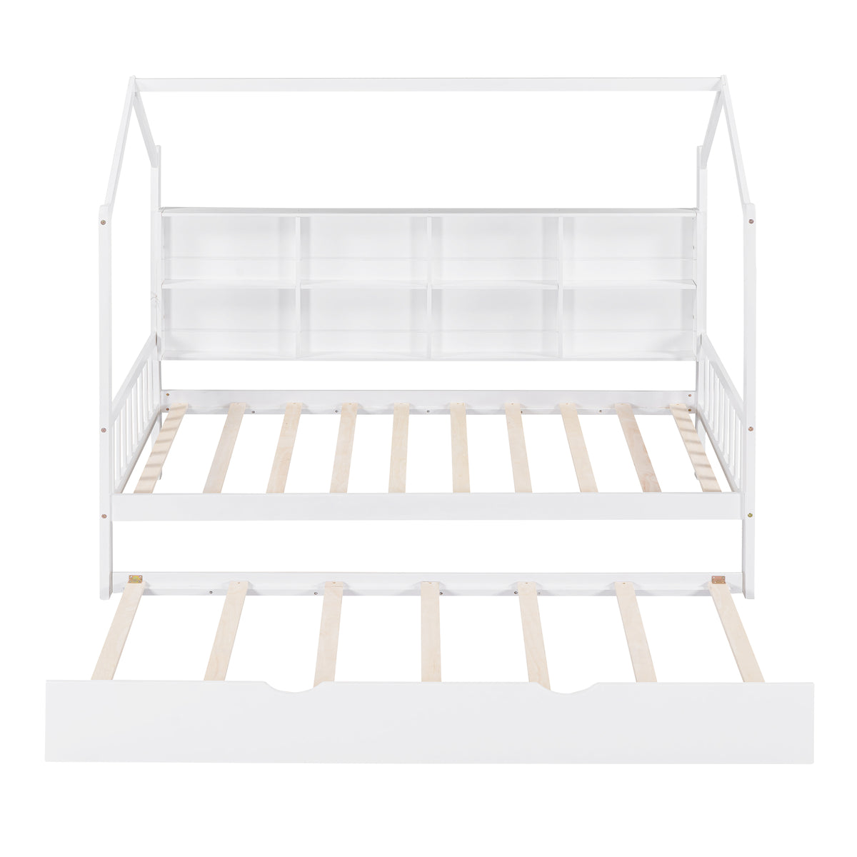 variant-group:rf-n733p326485k|Roomfitters Wooden Twin Size House Bed with Trundle and Storage Shelf, White