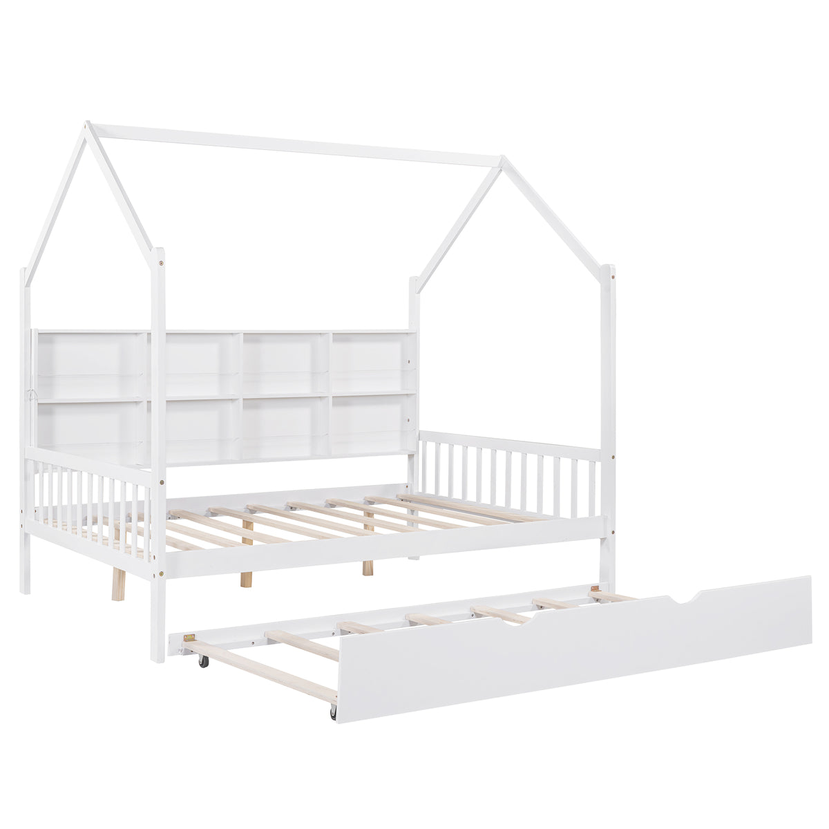 variant-group:rf-n733p326490k|Roomfitters Wooden Full Size House Bed with Trundle and Storage Shelf, White