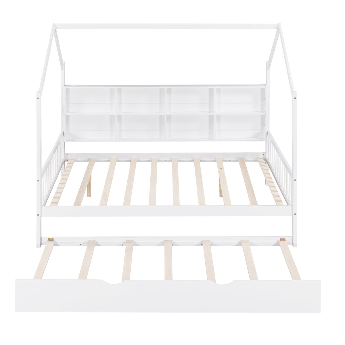 variant-group:rf-n733p326490k|Roomfitters Wooden Full Size House Bed with Trundle and Storage Shelf, White