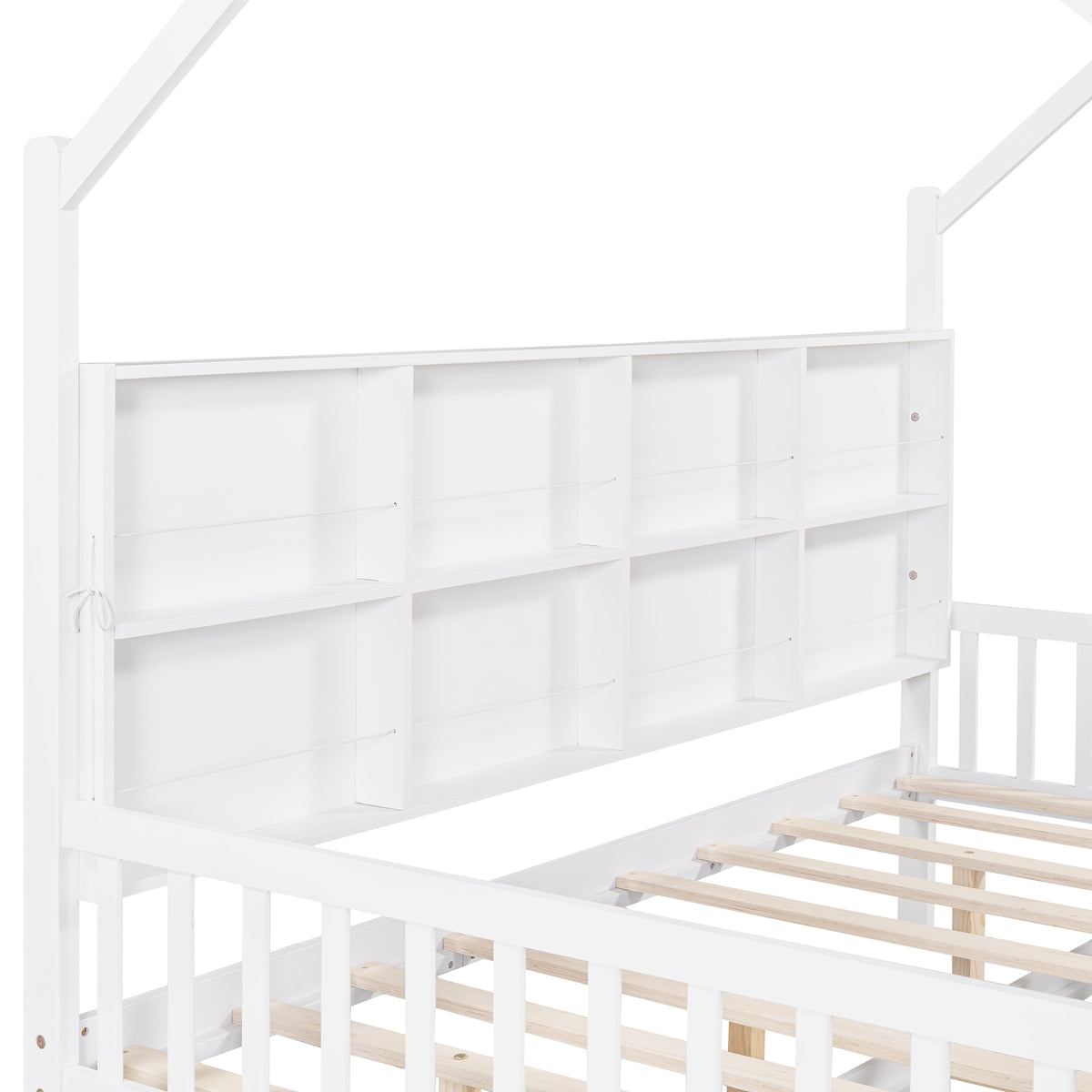 variant-group:rf-n733p326490k|Roomfitters Wooden Full Size House Bed with Trundle and Storage Shelf, White
