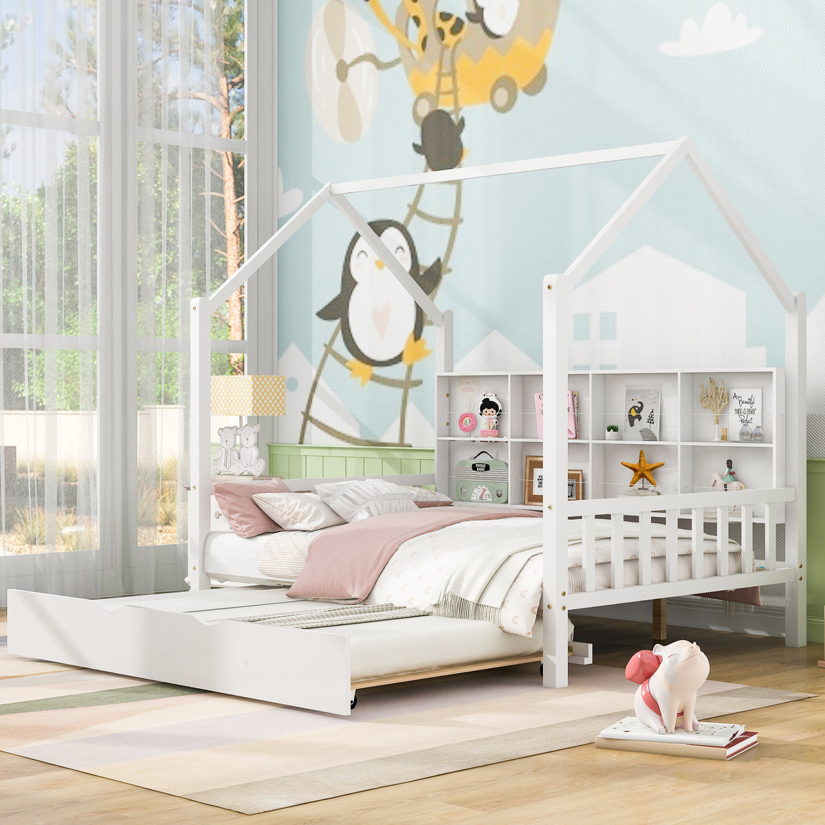 variant-group:rf-n733p326490k|Roomfitters Wooden Full Size House Bed with Trundle and Storage Shelf, White