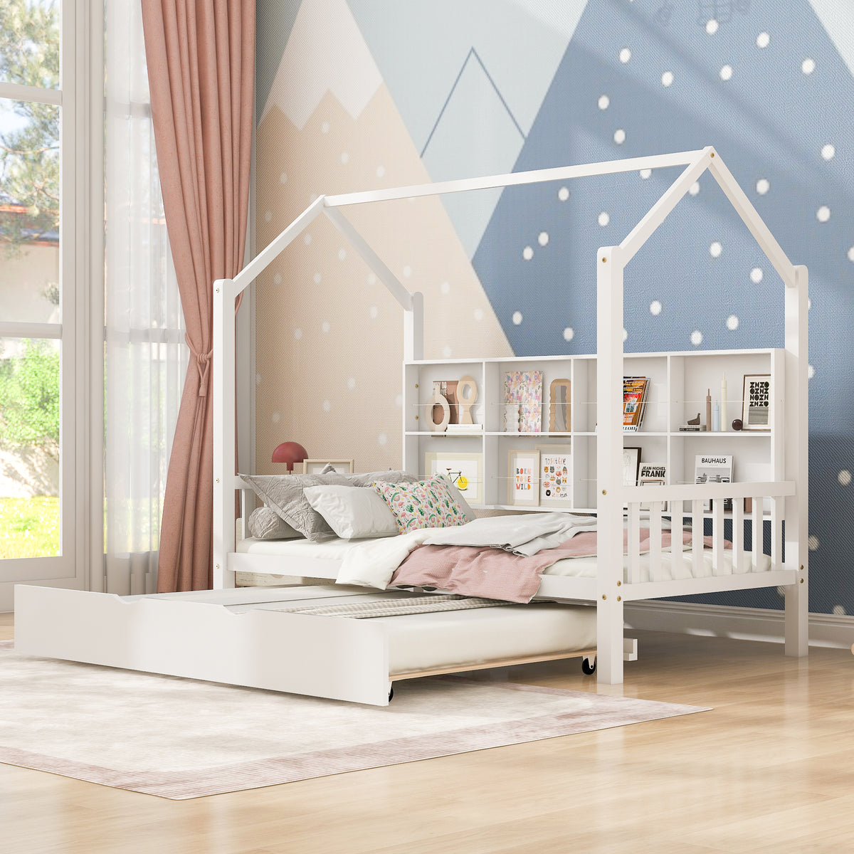 variant-group:rf-n733p326485k|Roomfitters Wooden Twin Size House Bed with Trundle and Storage Shelf, White