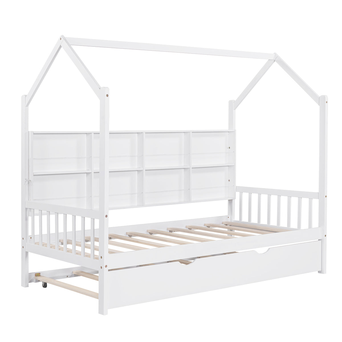 variant-group:rf-n733p326485k|Roomfitters Wooden Twin Size House Bed with Trundle and Storage Shelf, White