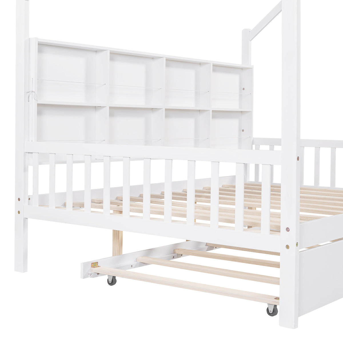 variant-group:rf-n733p326490k|Roomfitters Wooden Full Size House Bed with Trundle and Storage Shelf, White