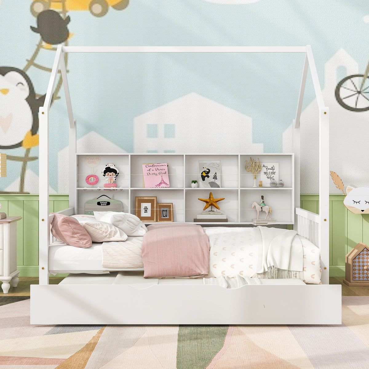 variant-group:rf-n733p326490k|Roomfitters Wooden Full Size House Bed with Trundle and Storage Shelf, White