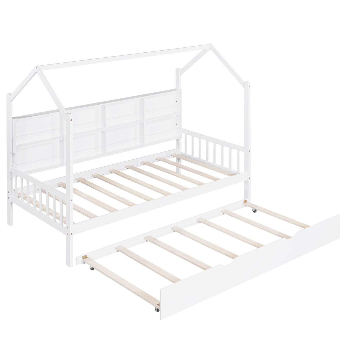 variant-group:rf-n733p326485k|Roomfitters Wooden Twin Size House Bed with Trundle and Storage Shelf, White