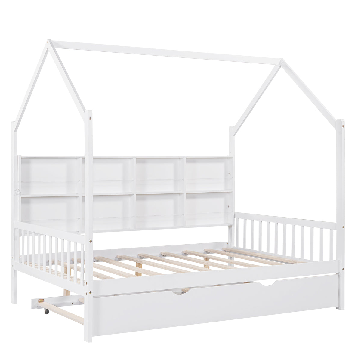 variant-group:rf-n733p326490k|Roomfitters Wooden Full Size House Bed with Trundle and Storage Shelf, White