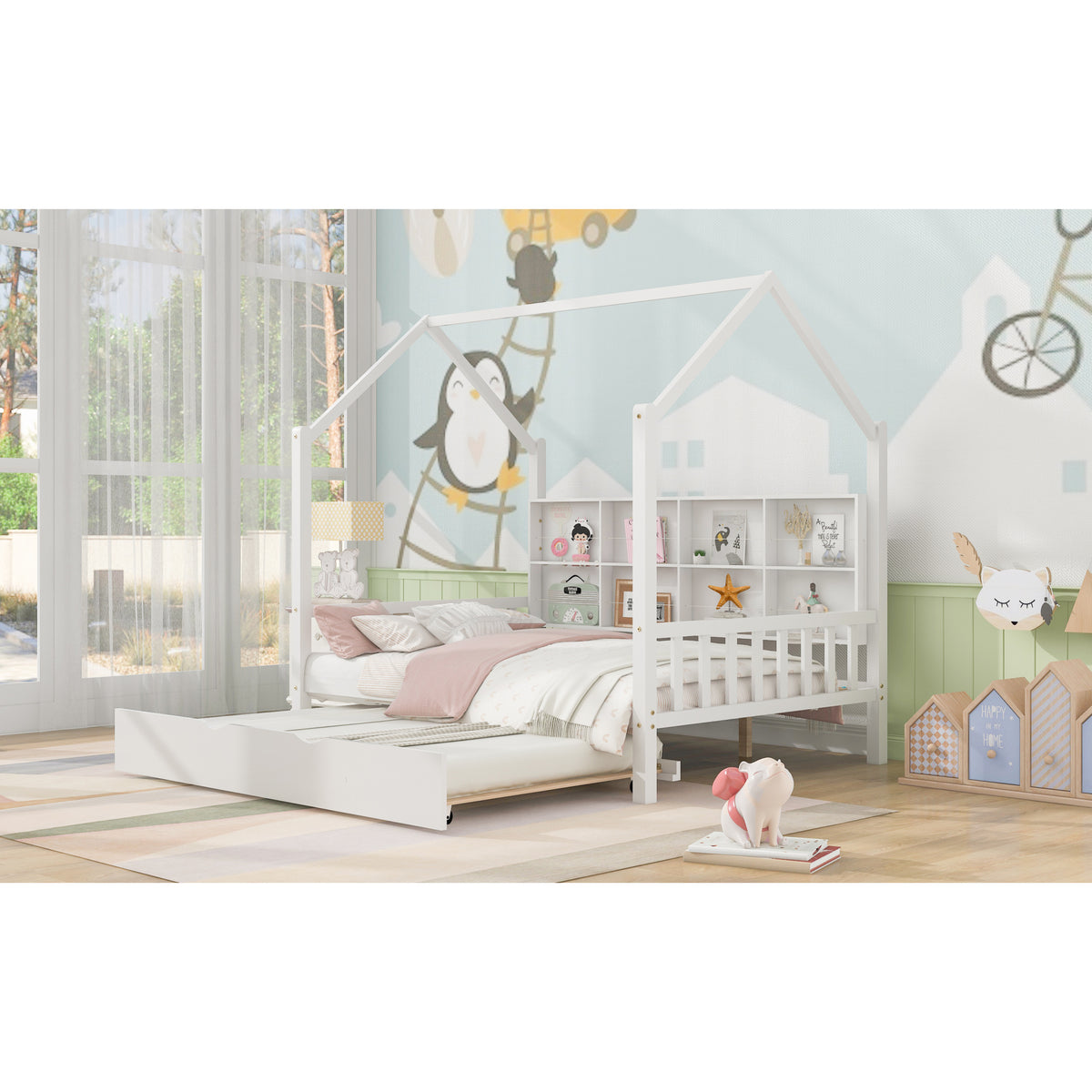 variant-group:rf-n733p326490k|Roomfitters Wooden Full Size House Bed with Trundle and Storage Shelf, White