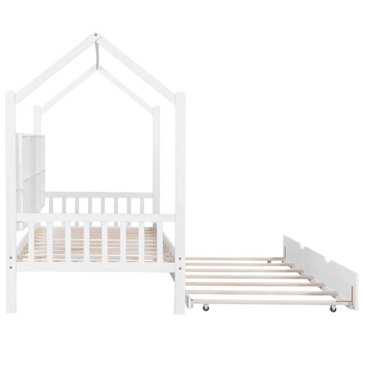 variant-group:rf-n733p326485k|Roomfitters Wooden Twin Size House Bed with Trundle and Storage Shelf, White