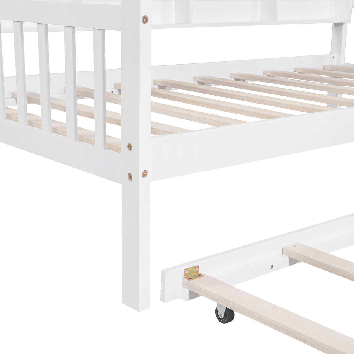 variant-group:rf-n733p326485k|Roomfitters Wooden Twin Size House Bed with Trundle and Storage Shelf, White