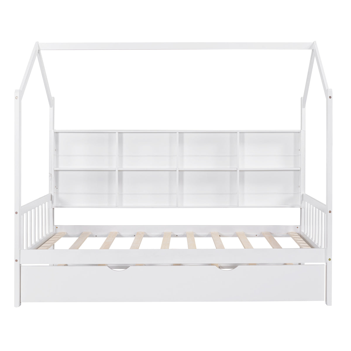 variant-group:rf-n733p326485k|Roomfitters Wooden Twin Size House Bed with Trundle and Storage Shelf, White