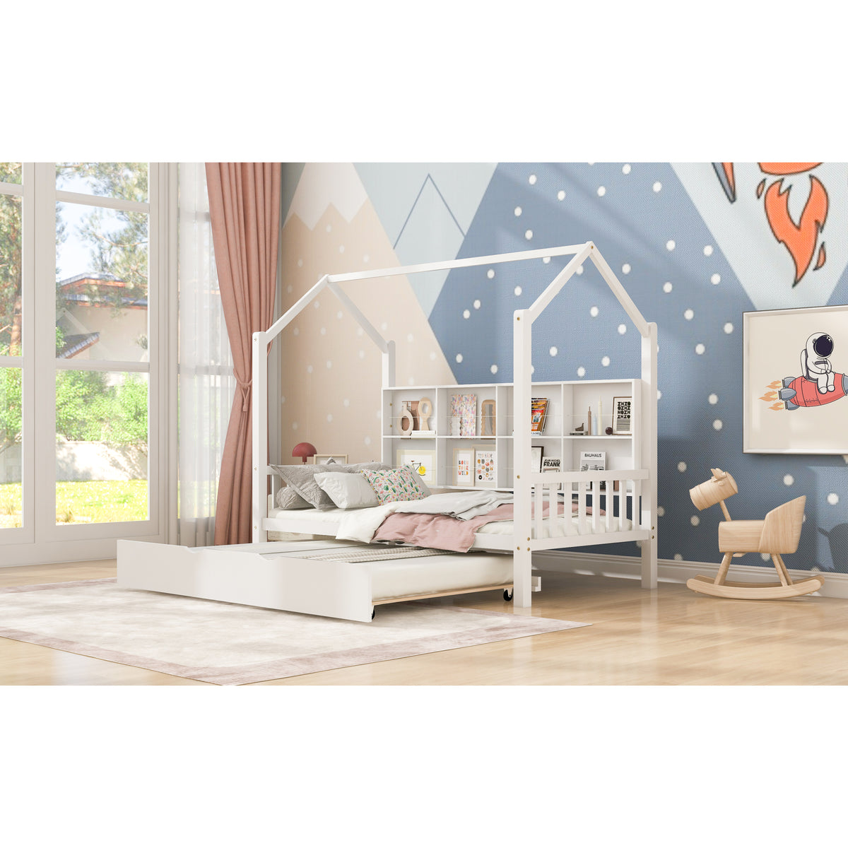 variant-group:rf-n733p326485k|Roomfitters Wooden Twin Size House Bed with Trundle and Storage Shelf, White