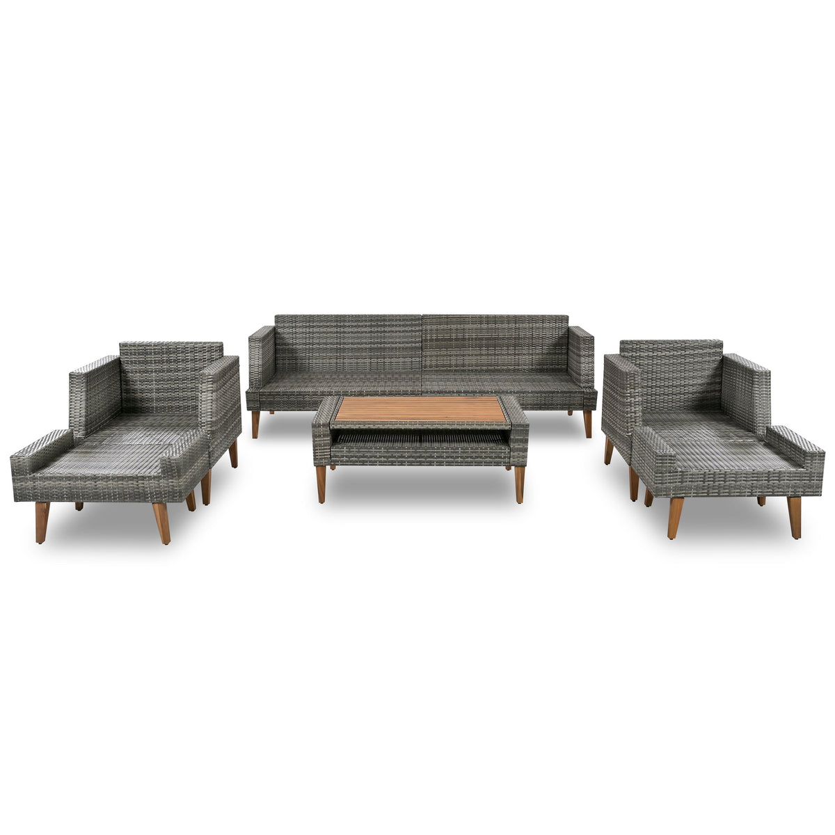 Roomfitters 6-Piece Outdoor Patio Furniture Set with Wicker Sofa, Armchairs, Ottomans and Coffee Table, Wood Legs, Gray+Beige Roomfitters