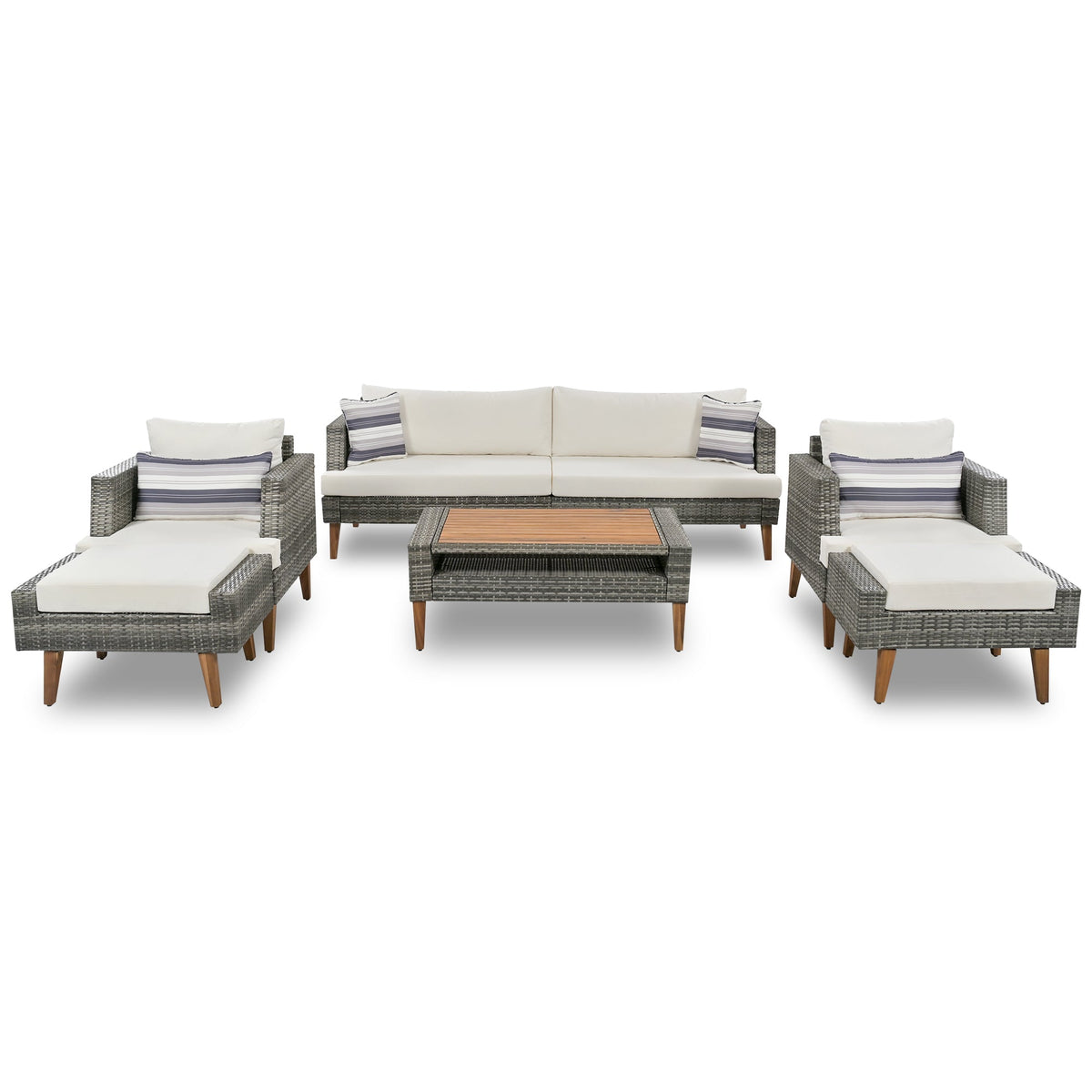 Roomfitters 6-Piece Outdoor Patio Furniture Set with Wicker Sofa, Armchairs, Ottomans and Coffee Table, Wood Legs, Gray+Beige Roomfitters