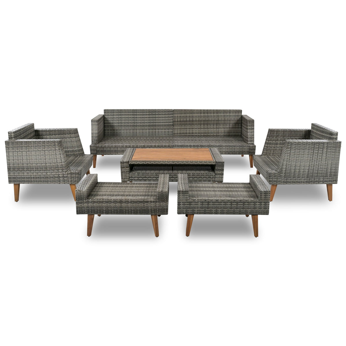 Roomfitters 6-Piece Outdoor Patio Furniture Set with Wicker Sofa, Armchairs, Ottomans and Coffee Table, Wood Legs, Gray+Beige Roomfitters