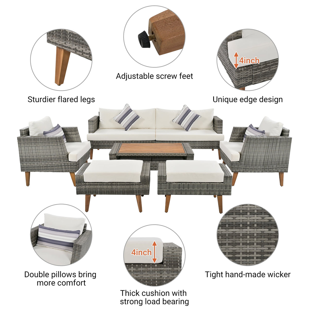 Roomfitters 6-Piece Outdoor Patio Furniture Set with Wicker Sofa, Armchairs, Ottomans and Coffee Table, Wood Legs, Gray+Beige Roomfitters