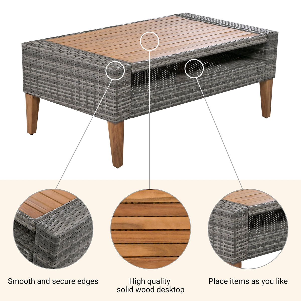 Roomfitters 6-Piece Outdoor Patio Furniture Set with Wicker Sofa, Armchairs, Ottomans and Coffee Table, Wood Legs, Gray+Beige Roomfitters