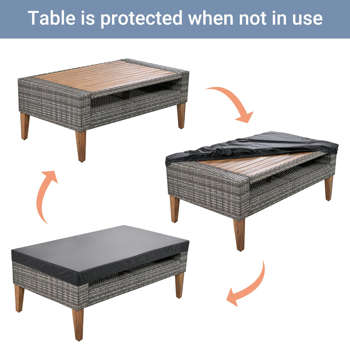 Roomfitters 6-Piece Outdoor Patio Furniture Set with Wicker Sofa, Armchairs, Ottomans and Coffee Table, Wood Legs, Gray+Beige Roomfitters