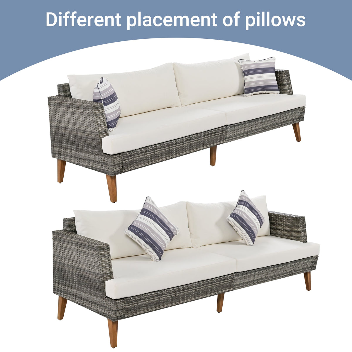 Roomfitters 6-Piece Outdoor Patio Furniture Set with Wicker Sofa, Armchairs, Ottomans and Coffee Table, Wood Legs, Gray+Beige Roomfitters