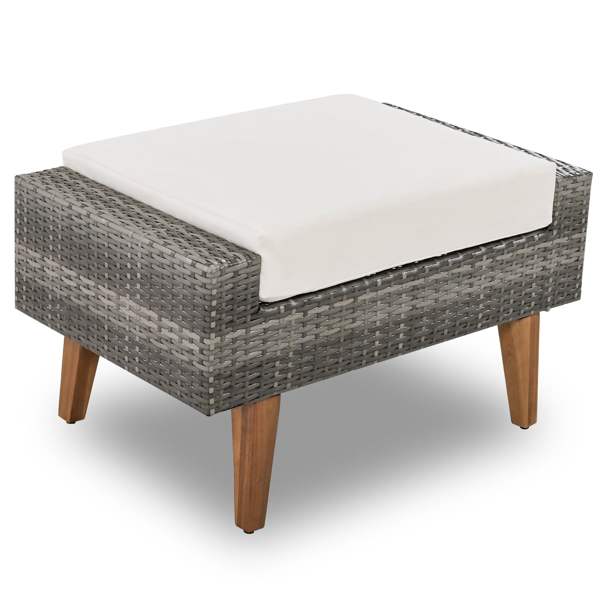 Roomfitters 6-Piece Outdoor Patio Furniture Set with Wicker Sofa, Armchairs, Ottomans and Coffee Table, Wood Legs, Gray+Beige Roomfitters