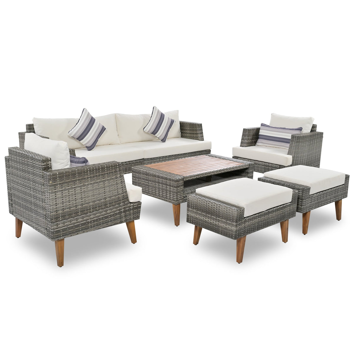 Roomfitters 6-Piece Outdoor Patio Furniture Set with Wicker Sofa, Armchairs, Ottomans and Coffee Table, Wood Legs, Gray+Beige Roomfitters