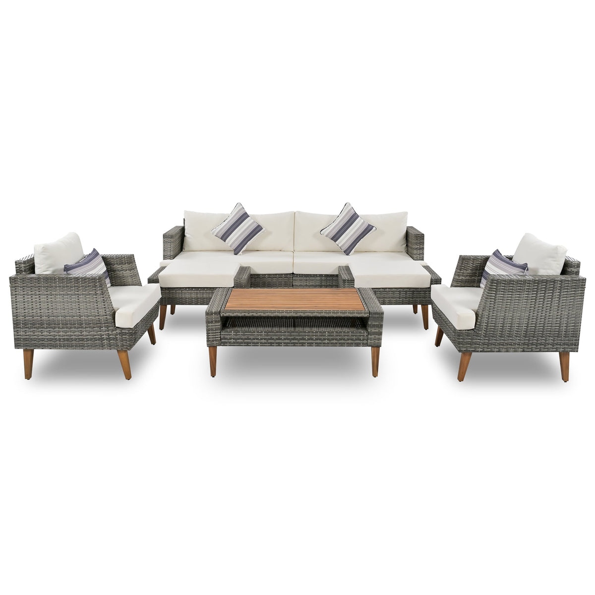 Roomfitters 6-Piece Outdoor Patio Furniture Set with Wicker Sofa, Armchairs, Ottomans and Coffee Table, Wood Legs, Gray+Beige Roomfitters