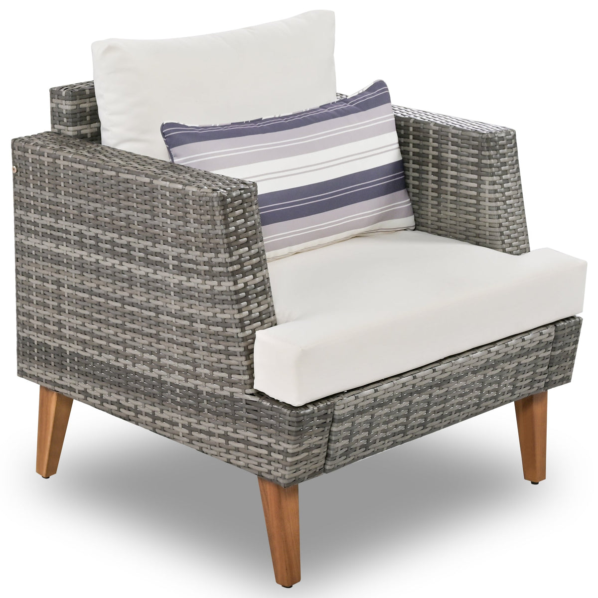 Roomfitters 6-Piece Outdoor Patio Furniture Set with Wicker Sofa, Armchairs, Ottomans and Coffee Table, Wood Legs, Gray+Beige Roomfitters