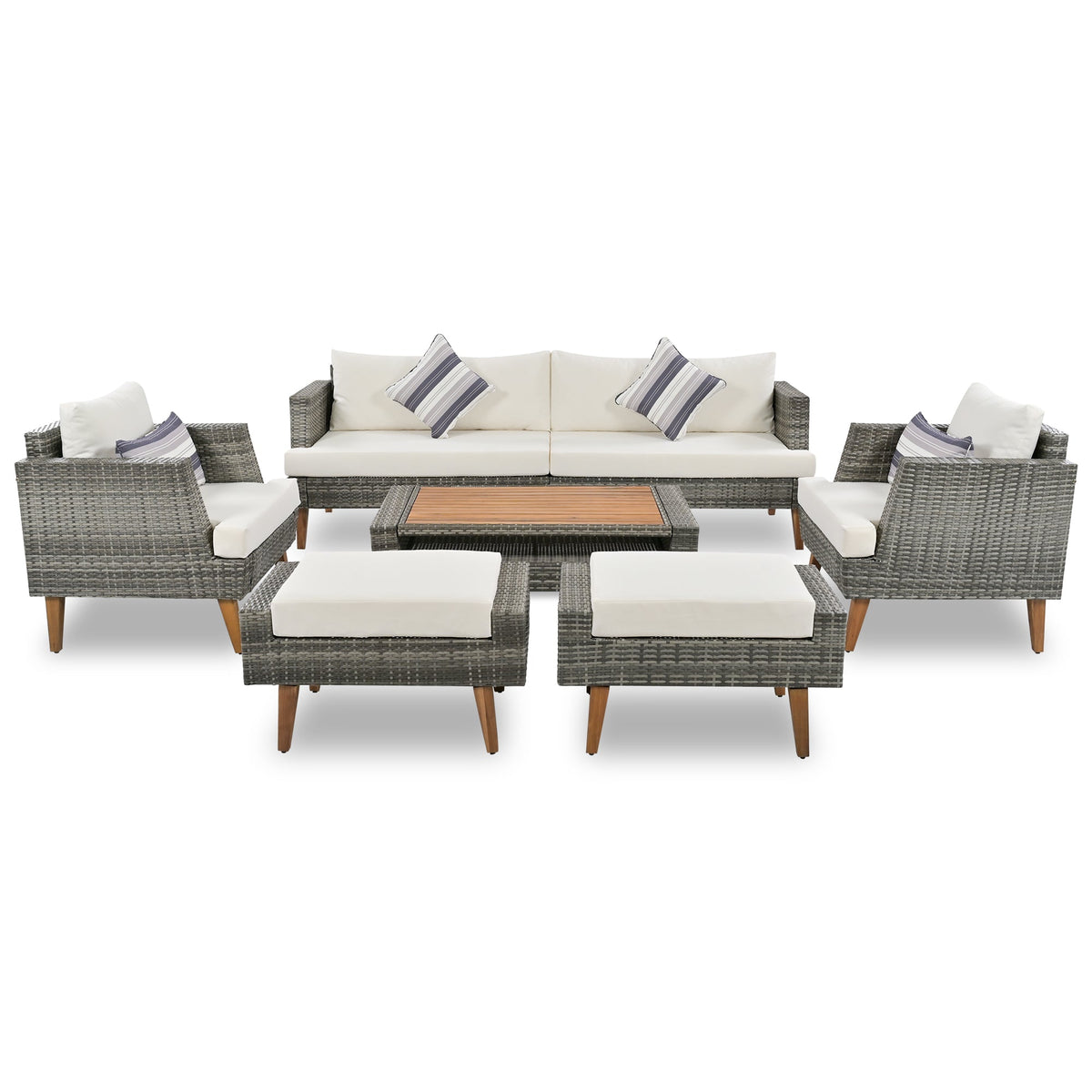 Roomfitters 6-Piece Outdoor Patio Furniture Set with Wicker Sofa, Armchairs, Ottomans and Coffee Table, Wood Legs, Gray+Beige Roomfitters