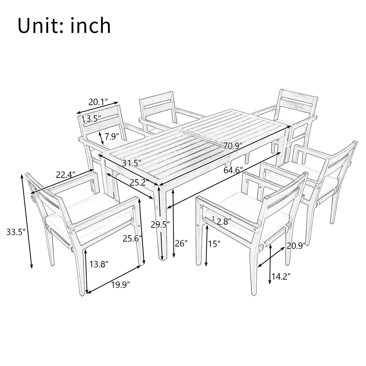 variant-group:rf-n711wy000459aae|Roomfitters 7-Piece Acacia Wood Outdoor Dining Set with Cushions, 6 Armchairs and Rectangular Table for Patio Garden, Gray