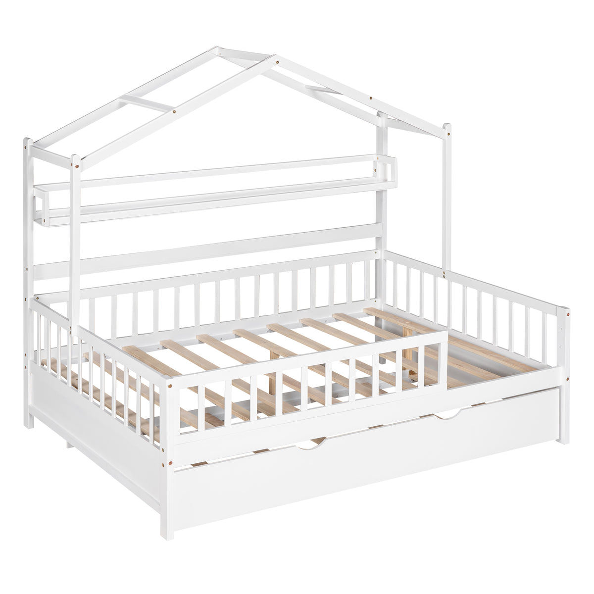 variant-group:rf-n733s371268k|Roomfitters Wooden Full House Bed with Twin Trundle and Shelf, House Frame Bed for Bedroom, White
