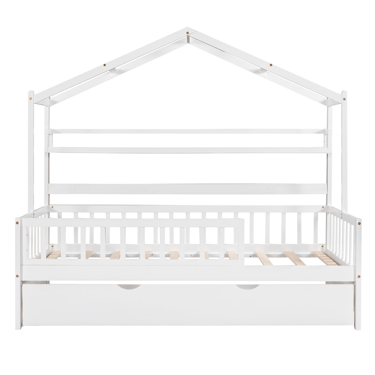 variant-group:rf-n733s371264k|Roomfitters Wooden Twin House Bed with Trundle and Shelf, House Frame Bed for Bedroom, White