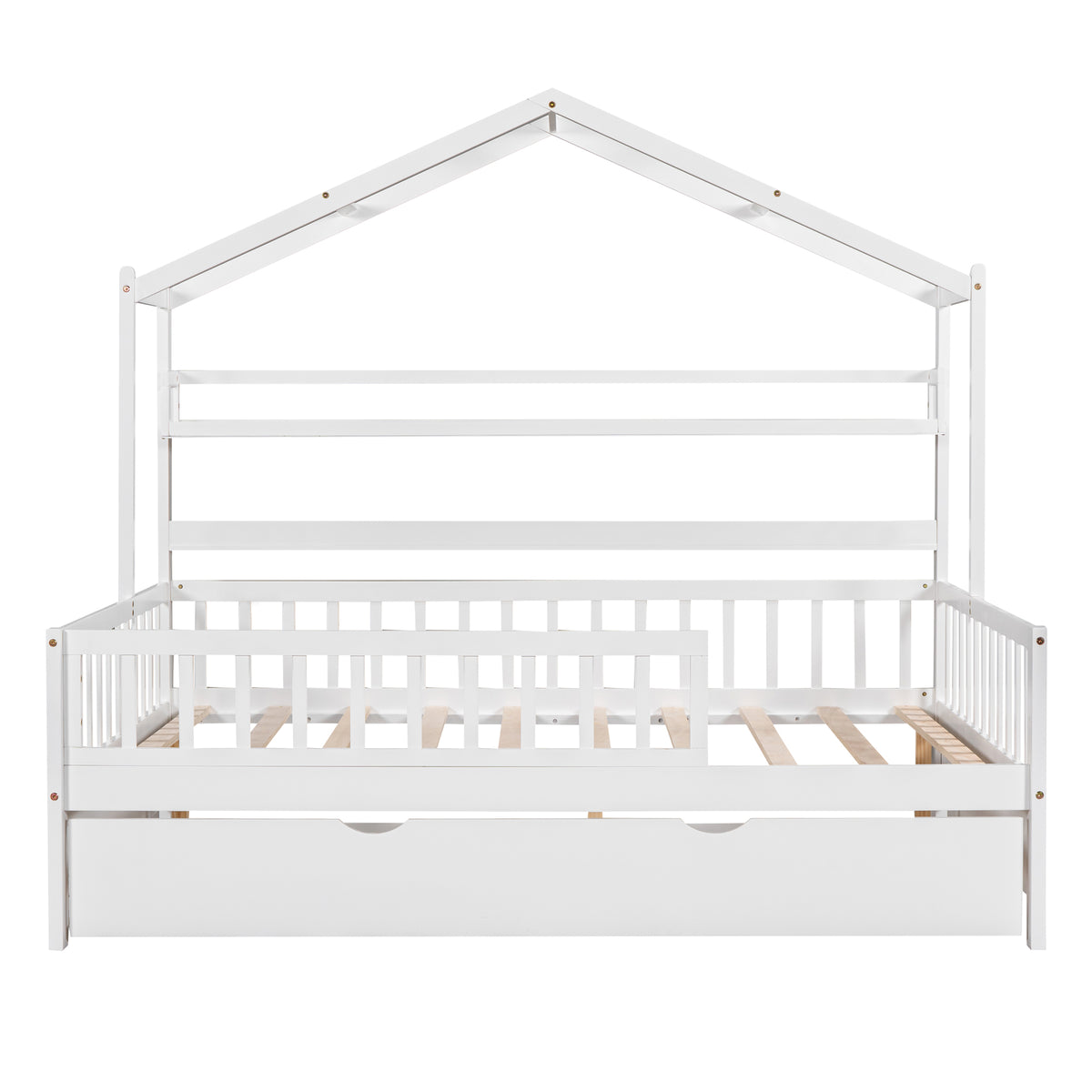 variant-group:rf-n733s371268k|Roomfitters Wooden Full House Bed with Twin Trundle and Shelf, House Frame Bed for Bedroom, White