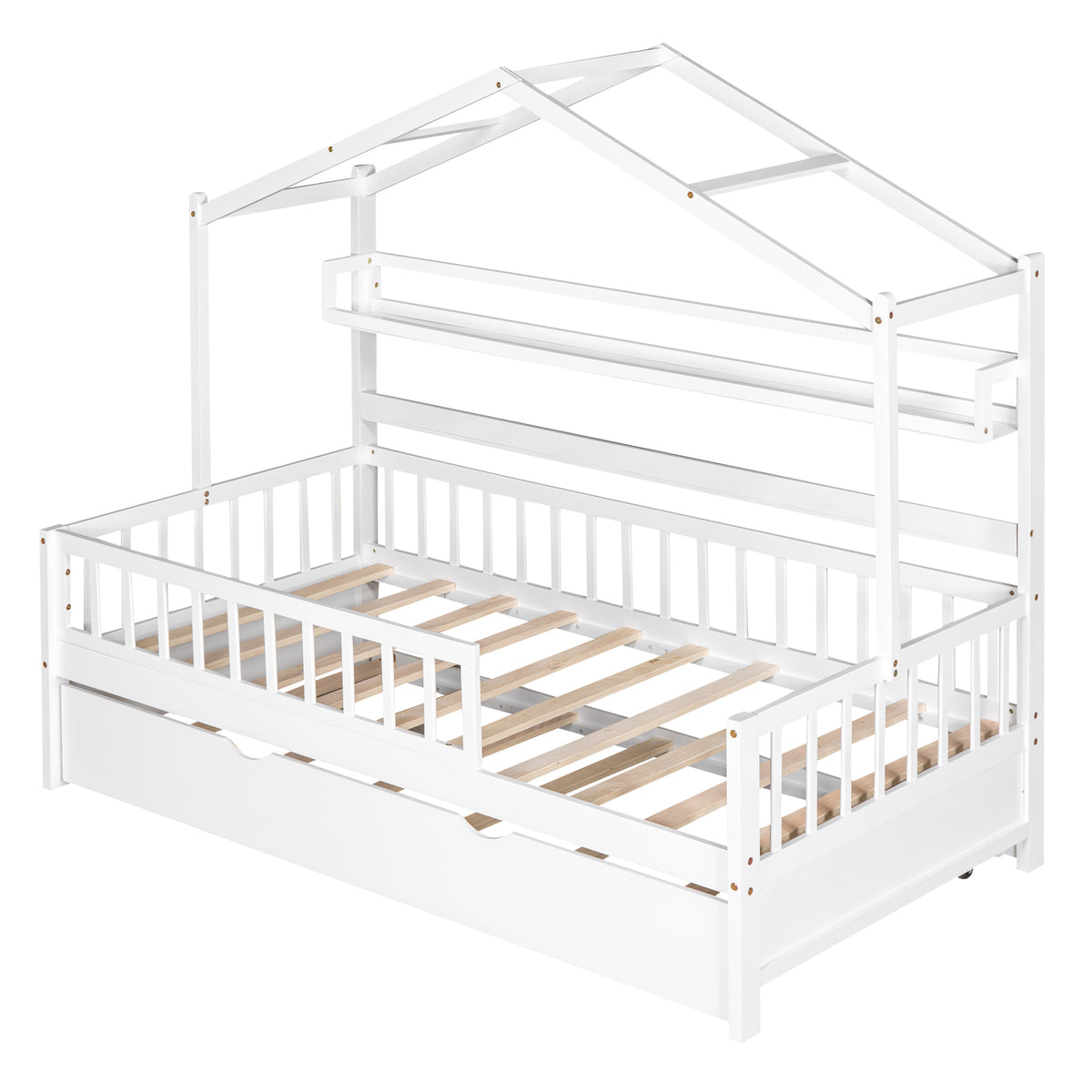 variant-group:rf-n733s371264k|Roomfitters Wooden Twin House Bed with Trundle and Shelf, House Frame Bed for Bedroom, White