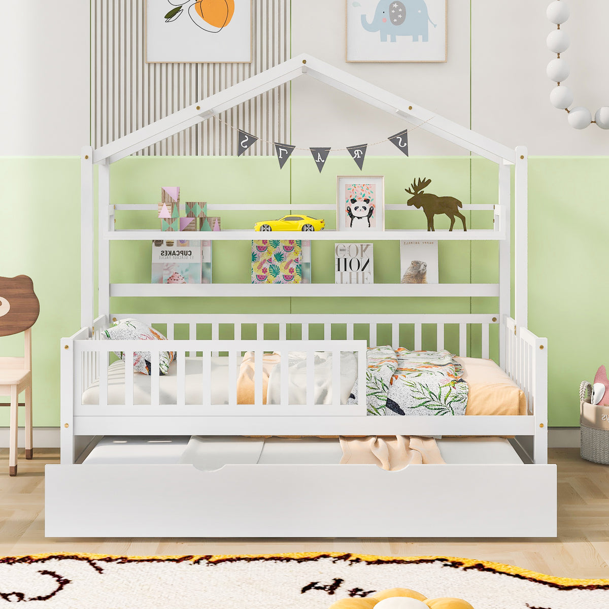 variant-group:rf-n733s371264k|Roomfitters Wooden Twin House Bed with Trundle and Shelf, House Frame Bed for Bedroom, White