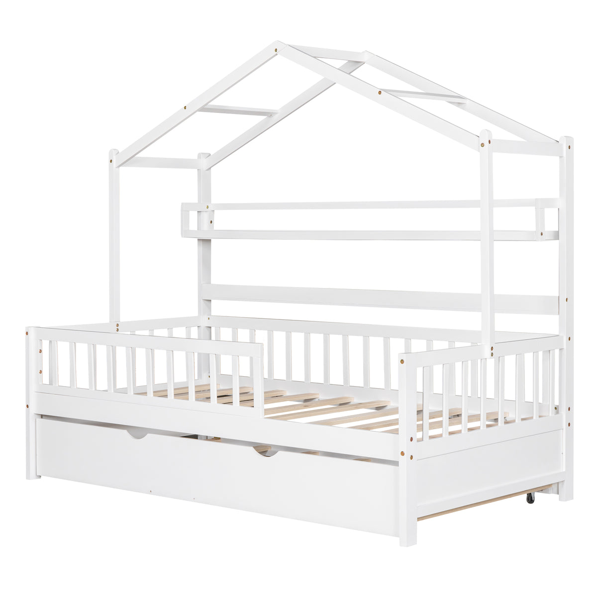 variant-group:rf-n733s371264k|Roomfitters Wooden Twin House Bed with Trundle and Shelf, House Frame Bed for Bedroom, White