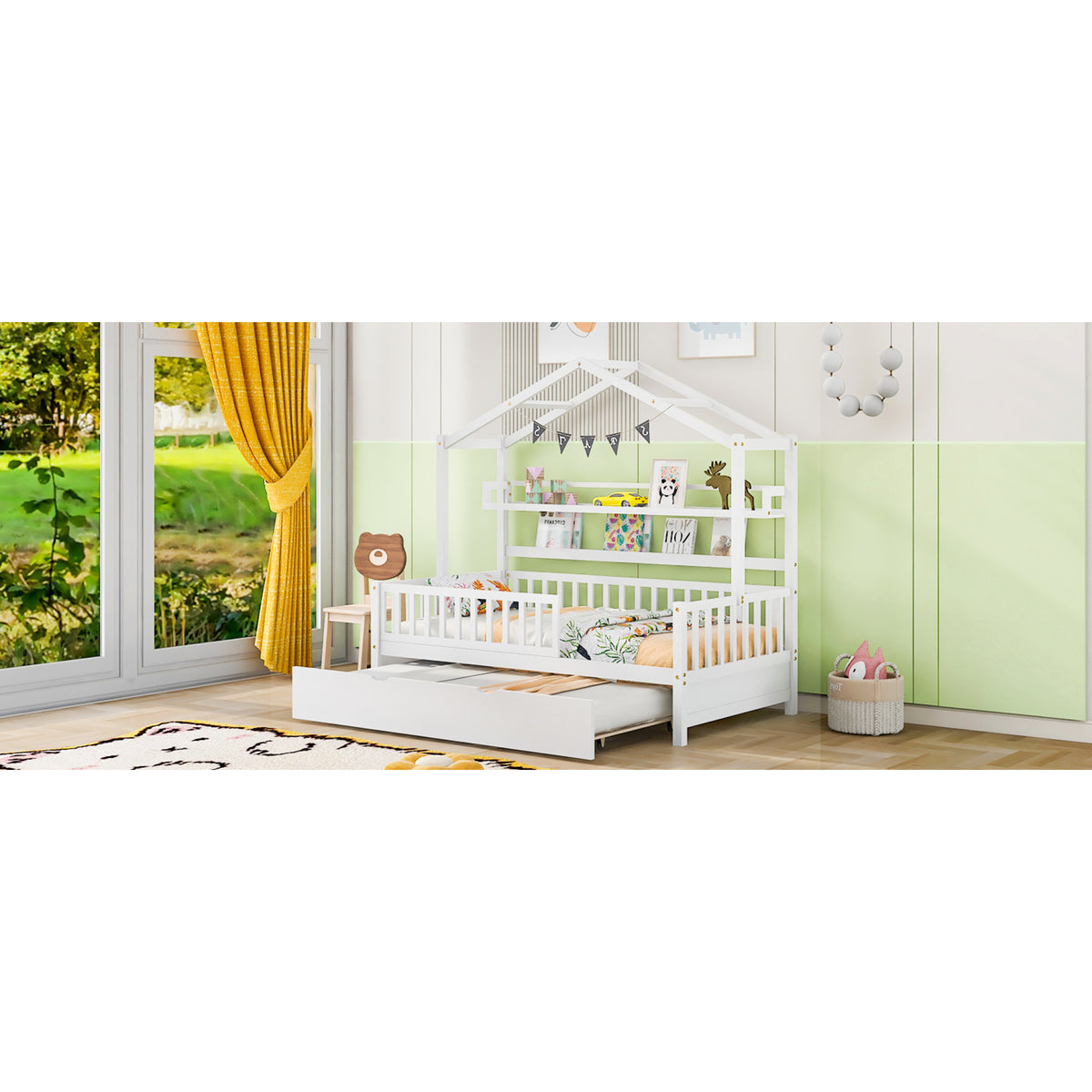 variant-group:rf-n733s371264k|Roomfitters Wooden Twin House Bed with Trundle and Shelf, House Frame Bed for Bedroom, White