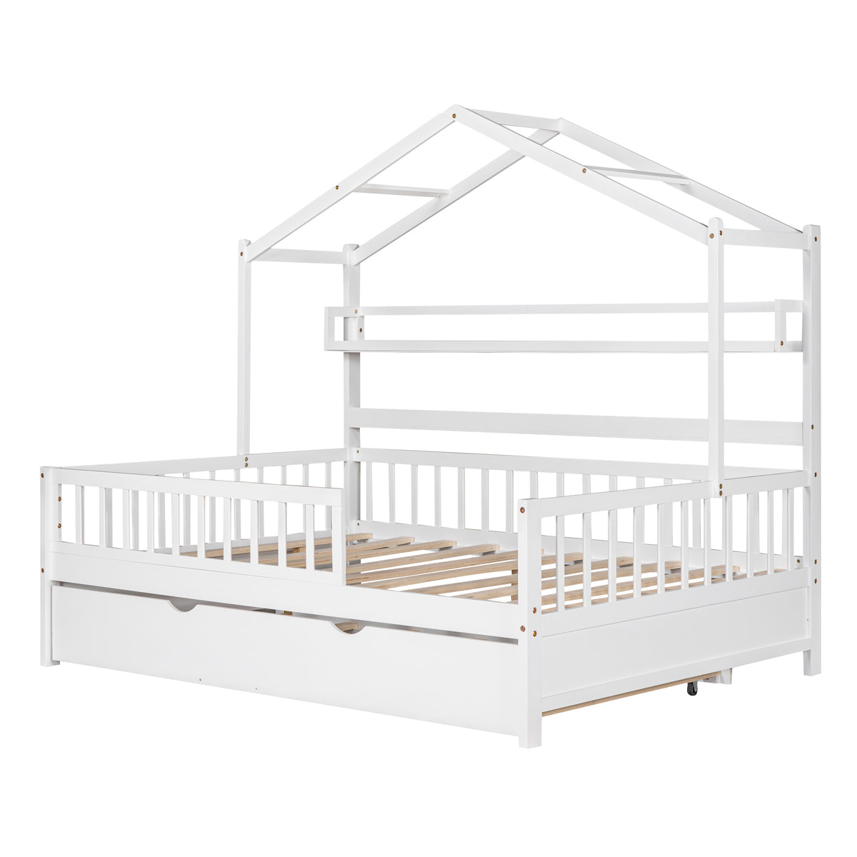 variant-group:rf-n733s371268k|Roomfitters Wooden Full House Bed with Twin Trundle and Shelf, House Frame Bed for Bedroom, White
