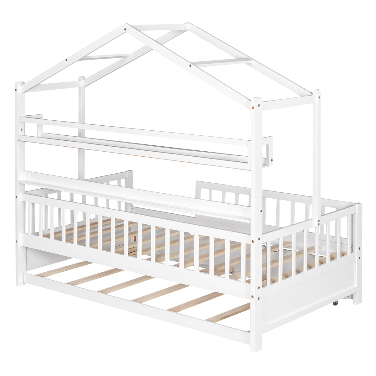 variant-group:rf-n733s371264k|Roomfitters Wooden Twin House Bed with Trundle and Shelf, House Frame Bed for Bedroom, White