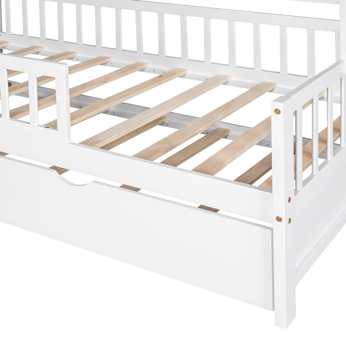 variant-group:rf-n733s371264k|Roomfitters Wooden Twin House Bed with Trundle and Shelf, House Frame Bed for Bedroom, White