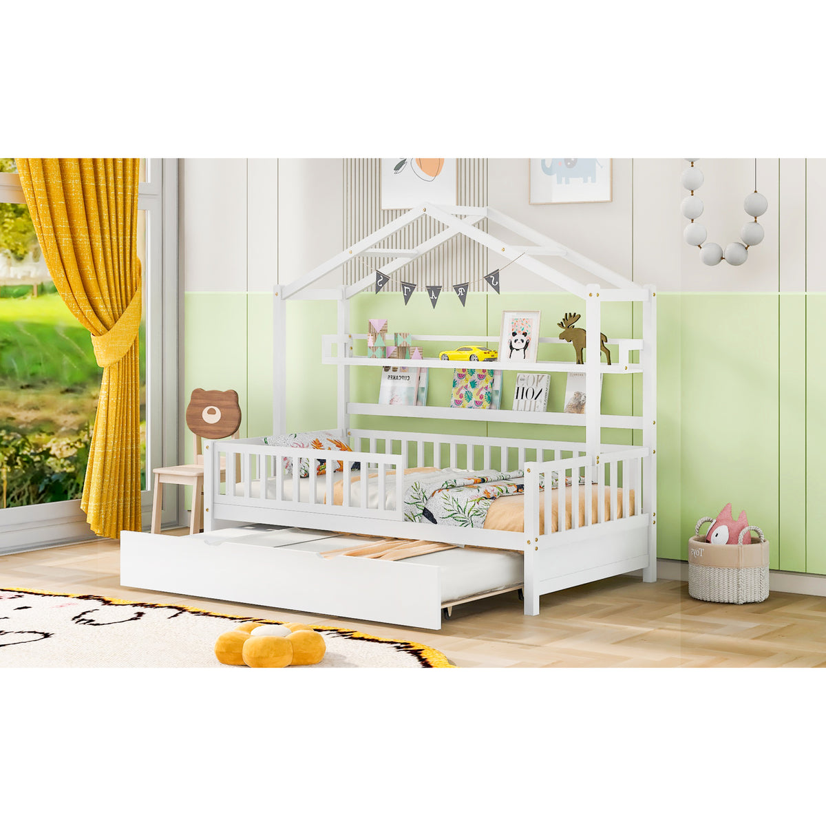 variant-group:rf-n733s371264k|Roomfitters Wooden Twin House Bed with Trundle and Shelf, House Frame Bed for Bedroom, White