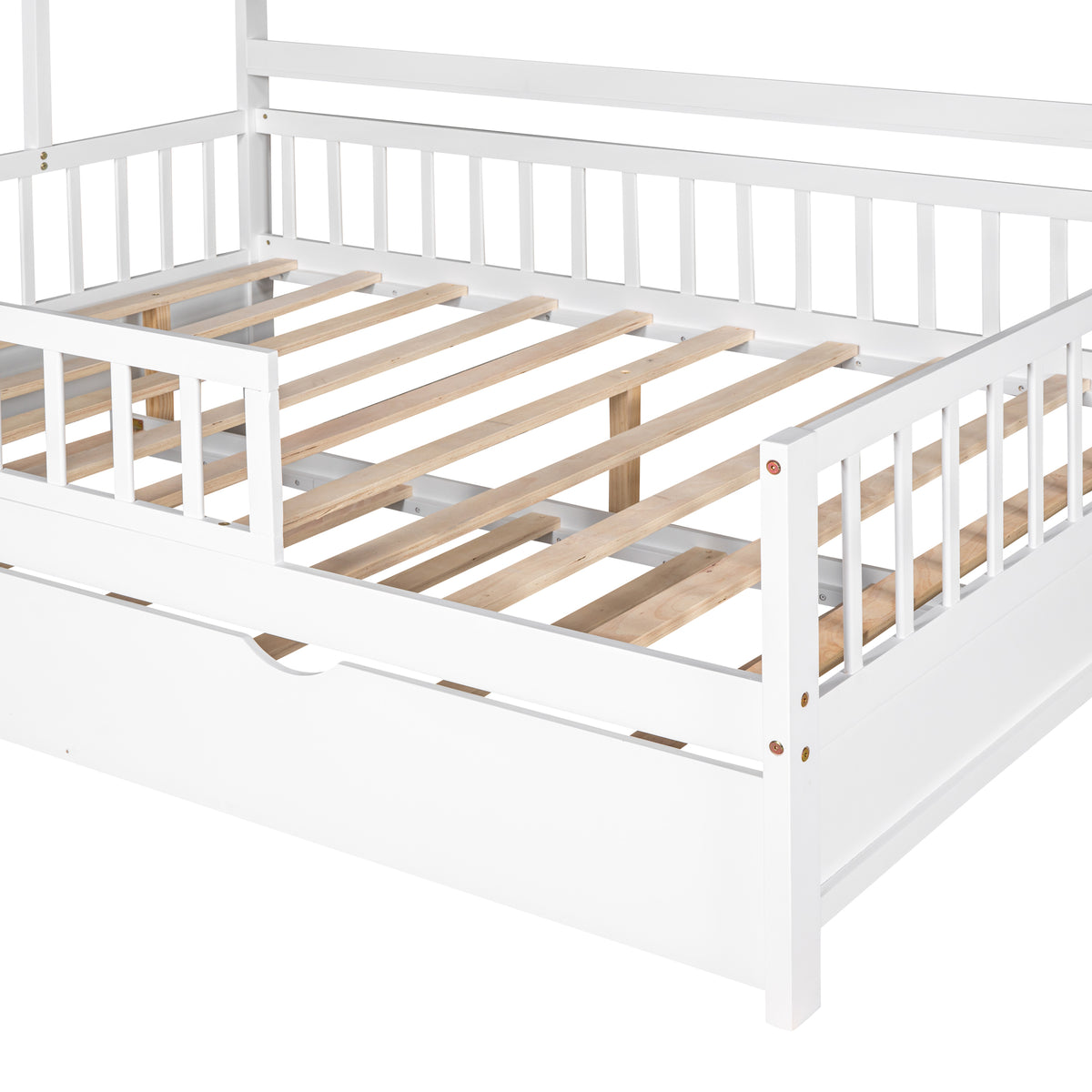 variant-group:rf-n733s371268k|Roomfitters Wooden Full House Bed with Twin Trundle and Shelf, House Frame Bed for Bedroom, White
