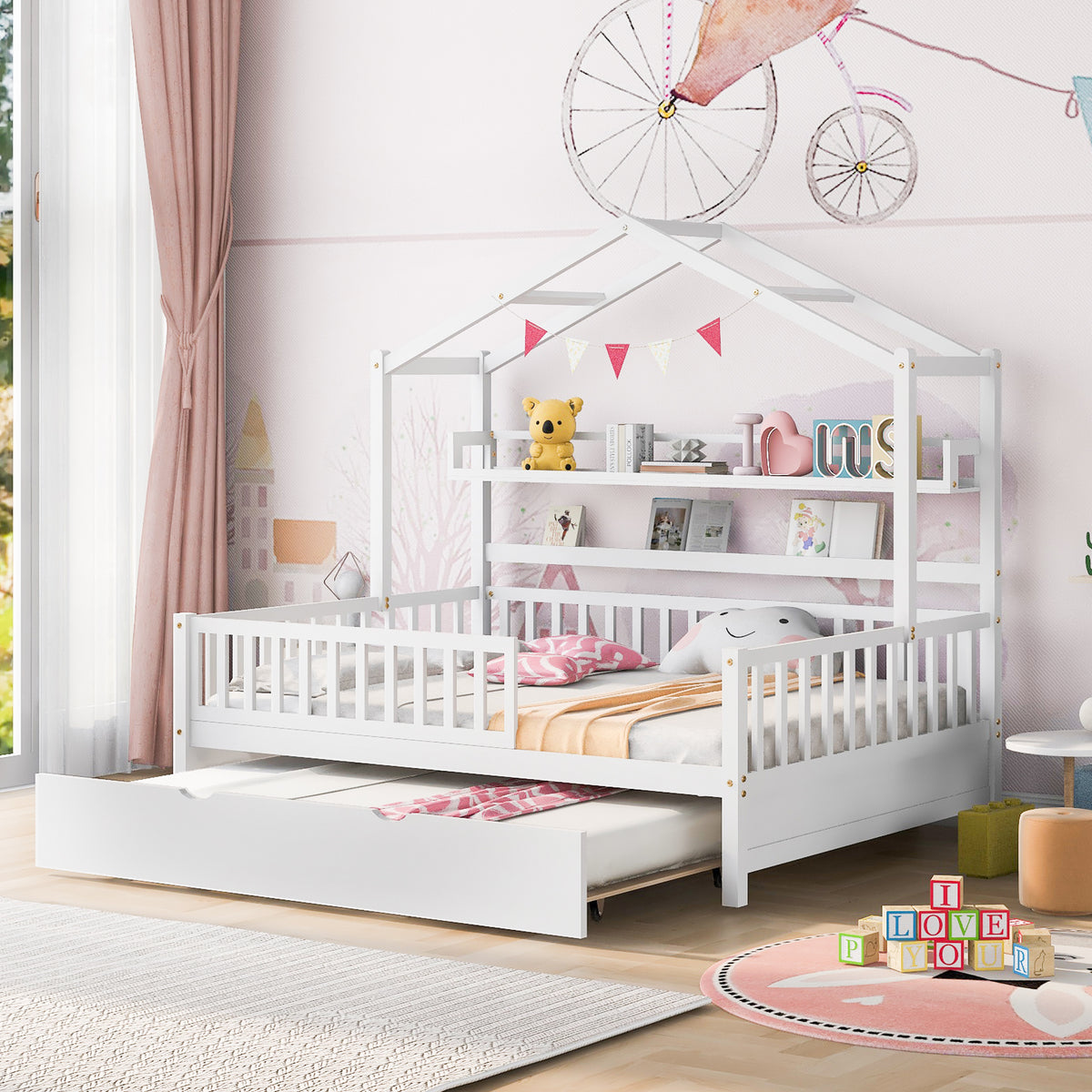 variant-group:rf-n733s371268k|Roomfitters Wooden Full House Bed with Twin Trundle and Shelf, House Frame Bed for Bedroom, White