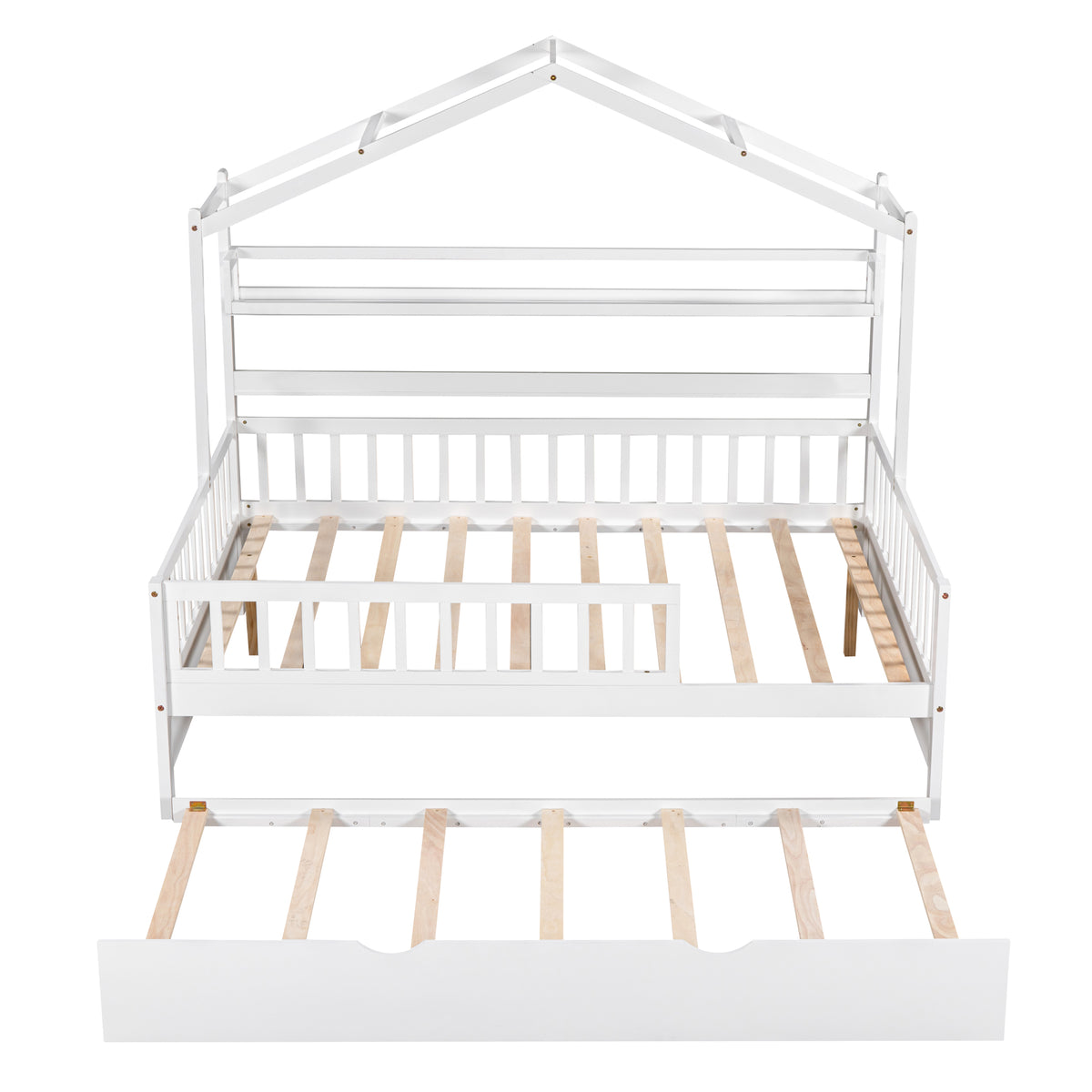 variant-group:rf-n733s371268k|Roomfitters Wooden Full House Bed with Twin Trundle and Shelf, House Frame Bed for Bedroom, White