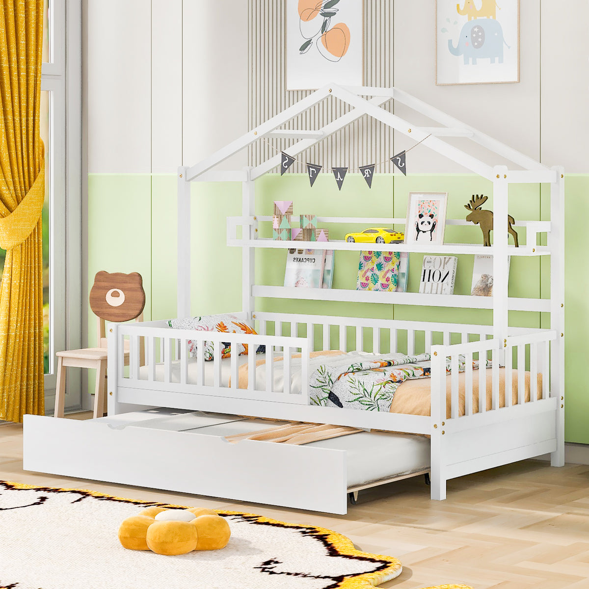 variant-group:rf-n733s371264k|Roomfitters Wooden Twin House Bed with Trundle and Shelf, House Frame Bed for Bedroom, White